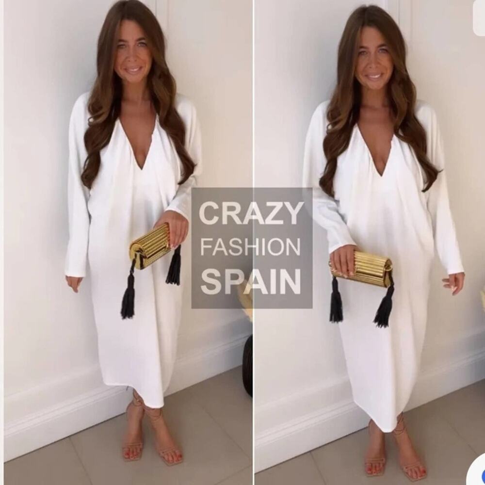 Zara White LONG RUCHED DRESS Size Medium